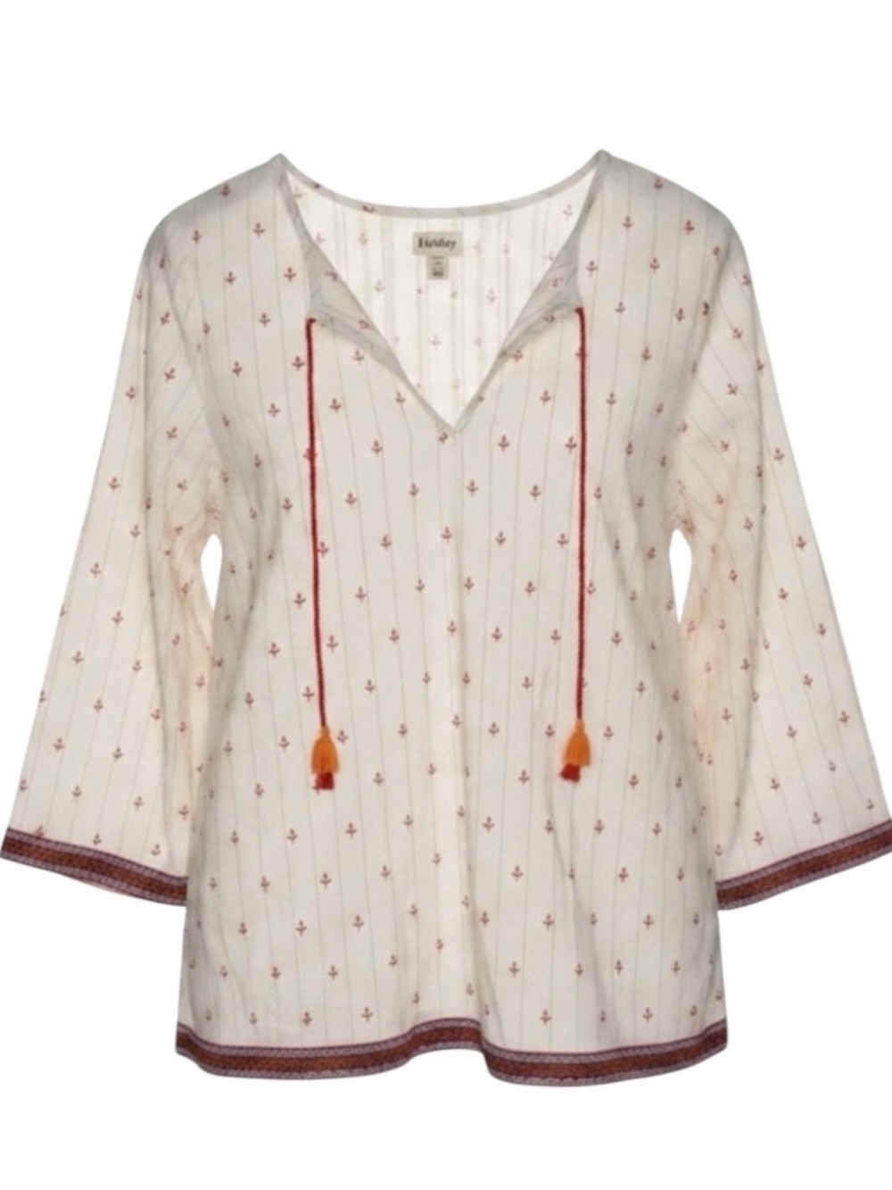 Hatley Cream with Red Floral Print Split Neck 3/4 Sleeves Embroidered Boho Top